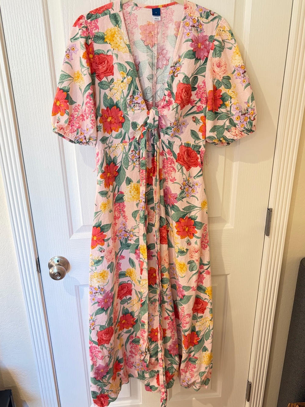 Old Navy pink floral linen blend wrap front midi dress